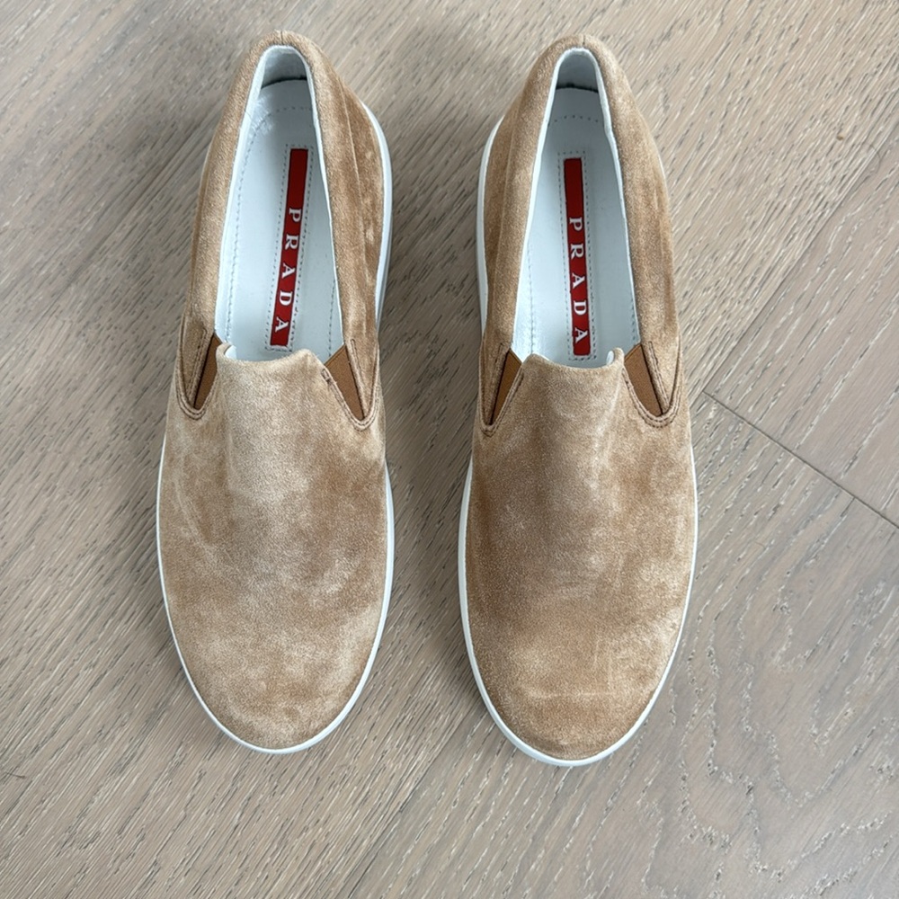 NEW Prada Women’s Tan Suede Slip-On Sneakers size 37